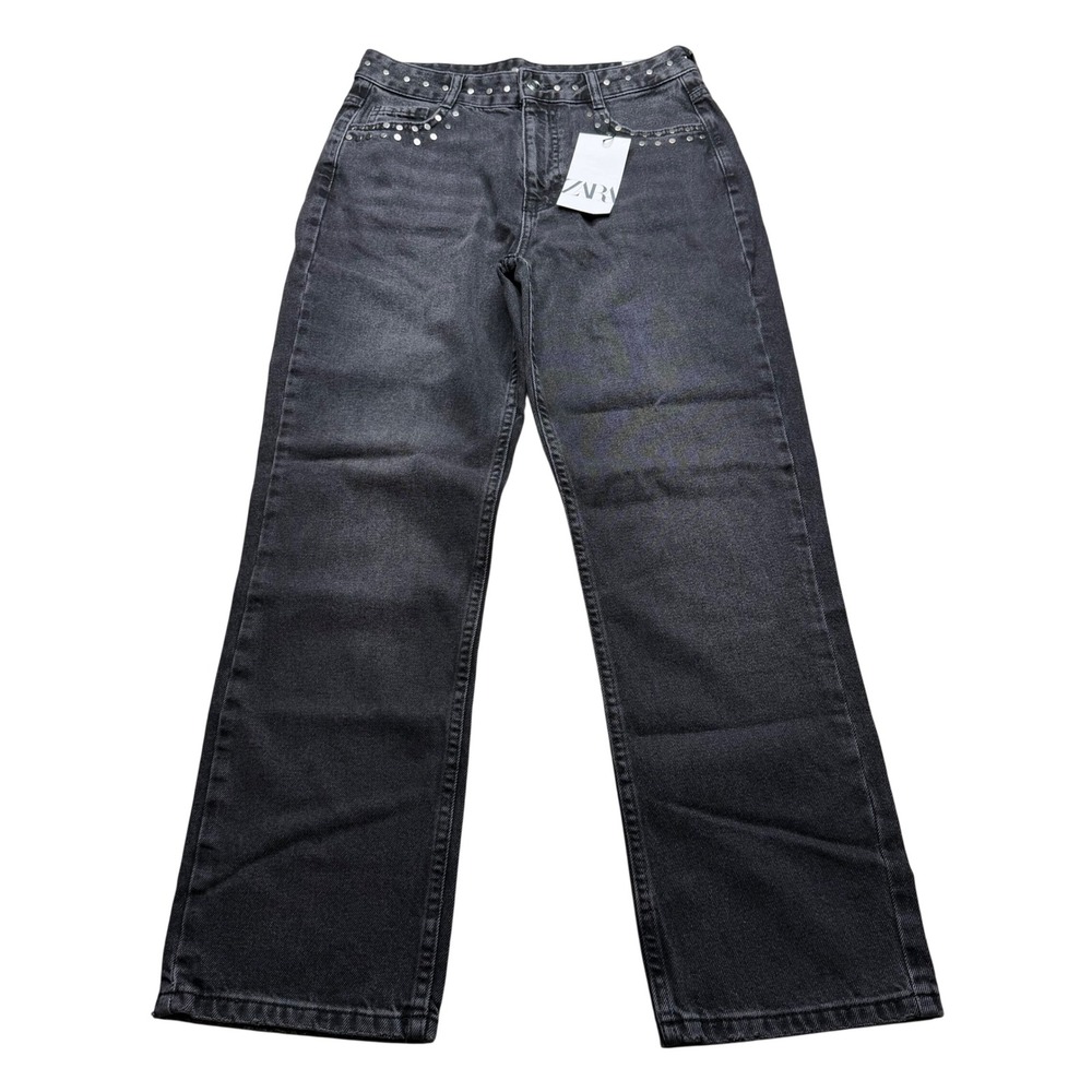 ZARA Washed Blackā Gray Studded High Rise Straight Leg Jeans Women's Size 6 NWT